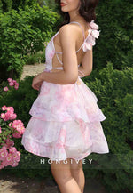 Chic Low V-Neck Shoulder Flower A-Line Floral Print Tie Back Short Homecoming Dresses