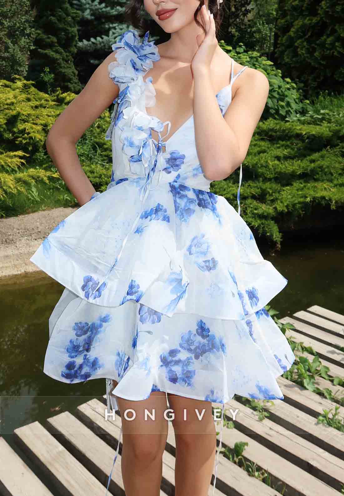 Floral Print Crisscross Back A-Line Shoulder Flower Short Homecoming Dresses