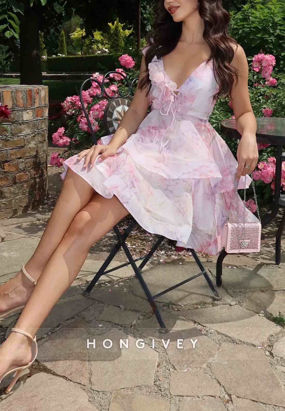 Chic Low V-Neck Shoulder Flower A-Line Floral Print Tie Back Short Homecoming Dresses