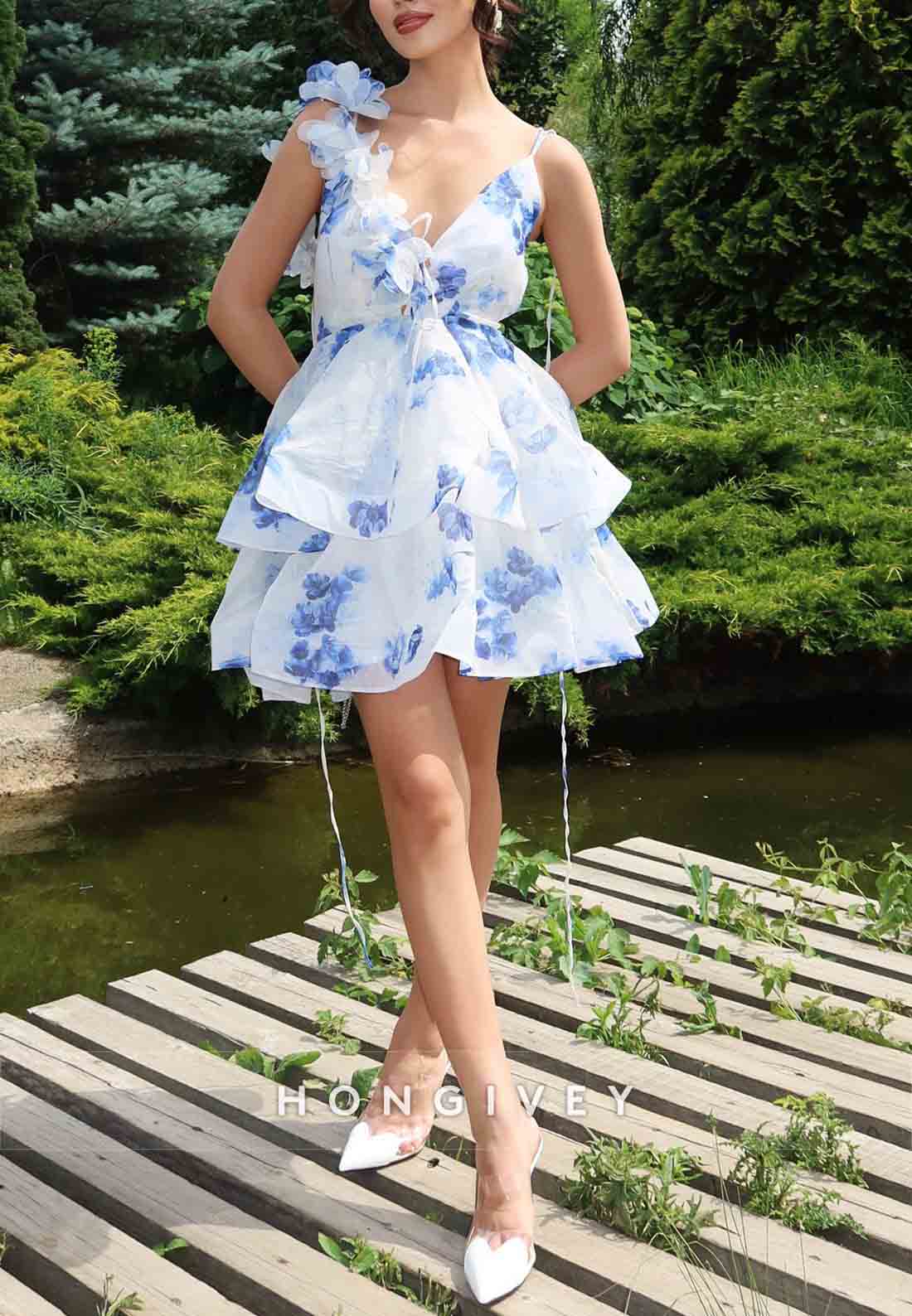 Floral Print Crisscross Back A-Line Shoulder Flower Short Homecoming Dresses
