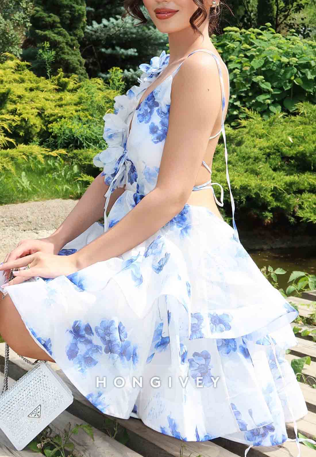 Floral Print Crisscross Back A-Line Shoulder Flower Short Homecoming Dresses