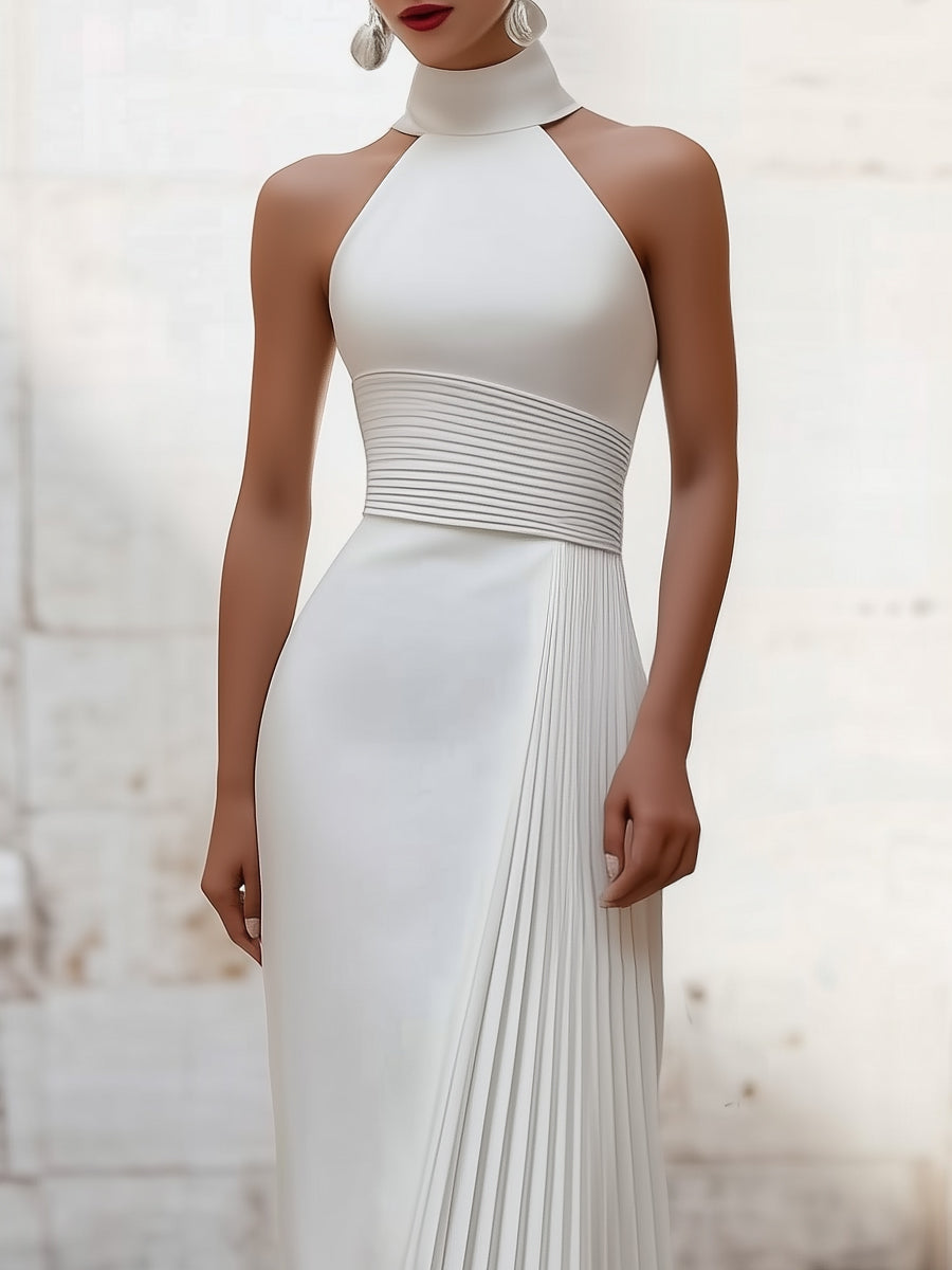 Elegant Satin Pleated Halter-Neck Evening Gown
