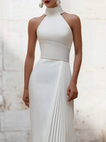 Elegant Satin Pleated Halter-Neck Evening Gown