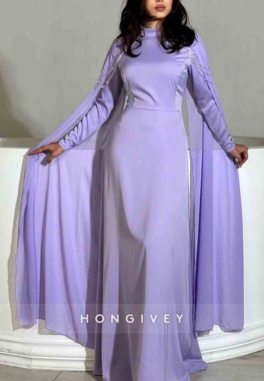 Long Sleeves Pleated Halter Elastic Satin Tie Back Column Evening Gowns