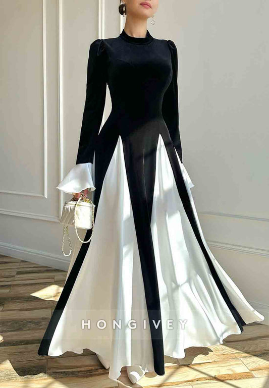 High Neck Pleated Bell Sleeves A-Line Ankle-Length Evening Gowns