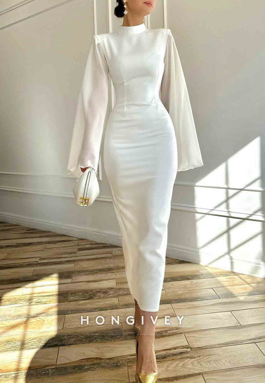 High Neck Long Sleeves Sheath Elastic Satin Pleated Tea-Length Evening Gowns
