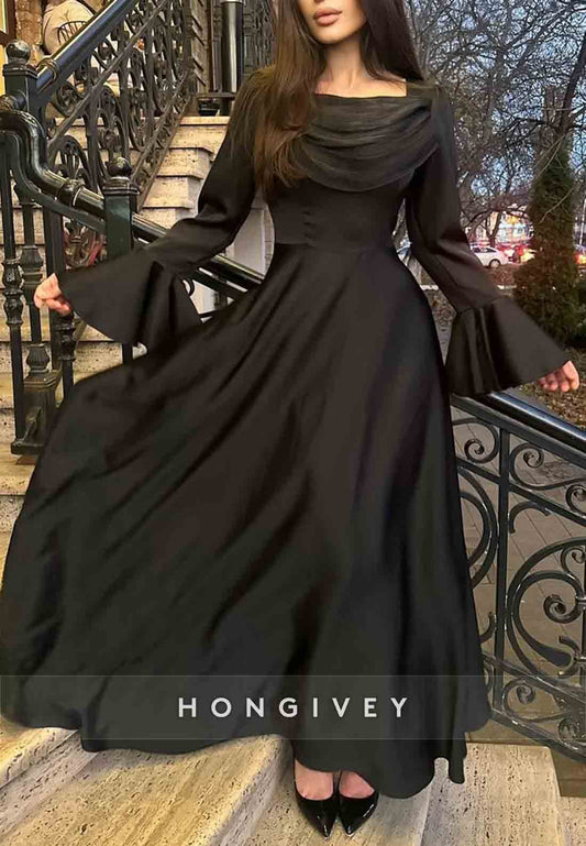 Cowl Neck Ankle-Length Bell Sleeves Pleated A-Line Evening Gowns