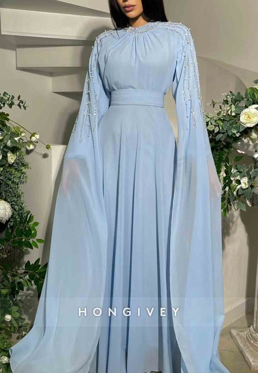 Long Sleeves Chiffon Pleated Floor-Length Beading Column Evening Gowns