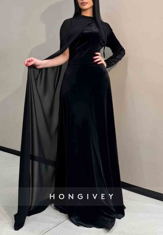 Velvet Side Draping Formal Gowns Floor-Length Pleated A-Line Evening Gowns