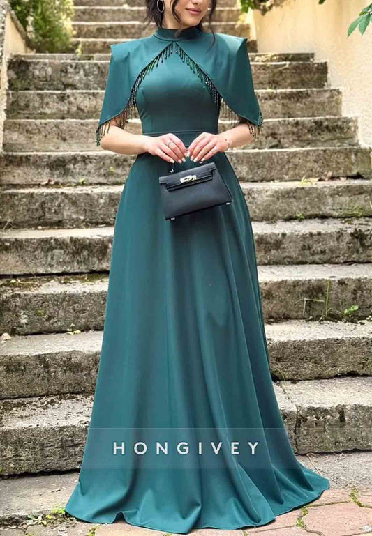 High Neck Shawl Formal Gowns A-Line Pleated Floor-Length Evening Gowns