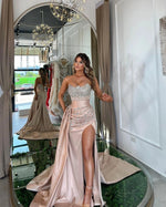 Lotus Root Pink Prom Dress Long Mermaid Satin With Trail Beading Sleeveless