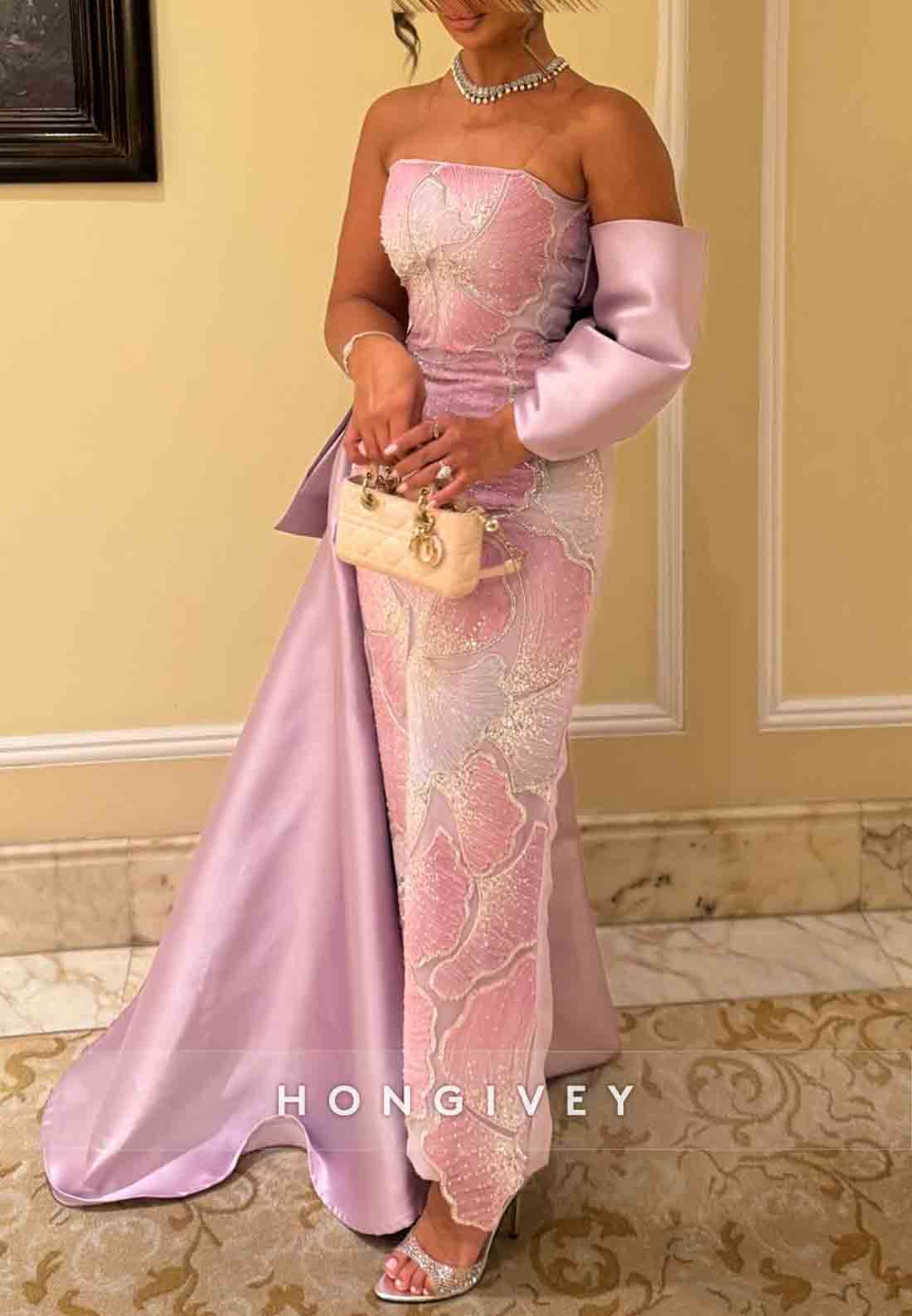 Floral Elegant Strapless Ankle-Length Mermaid Detachable Evening Gowns