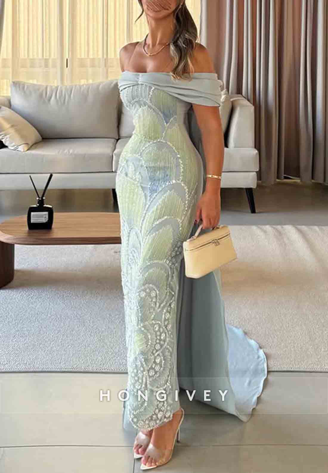 Off the Shoulder Sheath Ankle-Length Evening Gowns with Embroidery Flowers