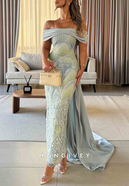 Off the Shoulder Sheath Ankle-Length Evening Gowns with Embroidery Flowers