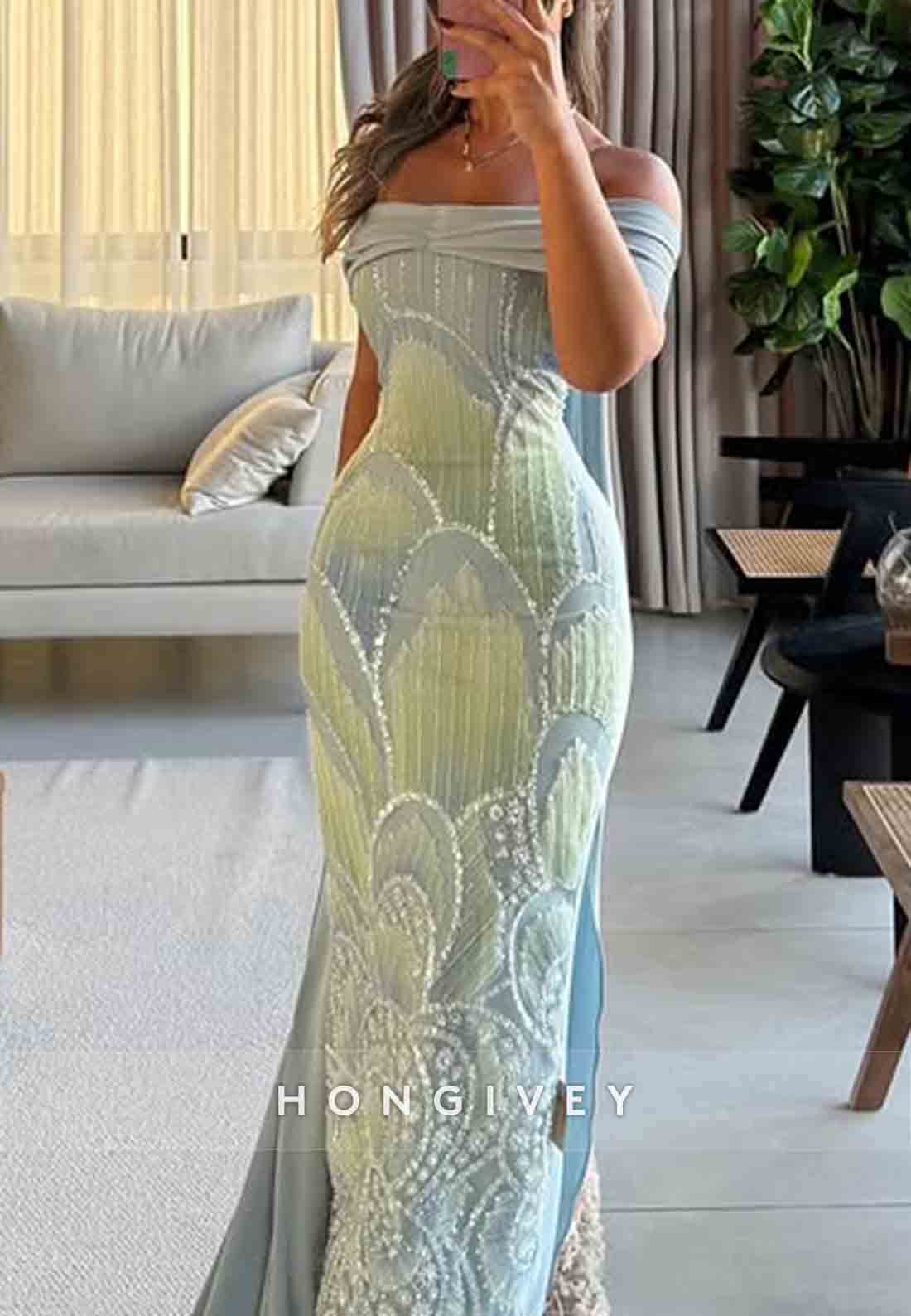 Off the Shoulder Sheath Ankle-Length Evening Gowns with Embroidery Flowers