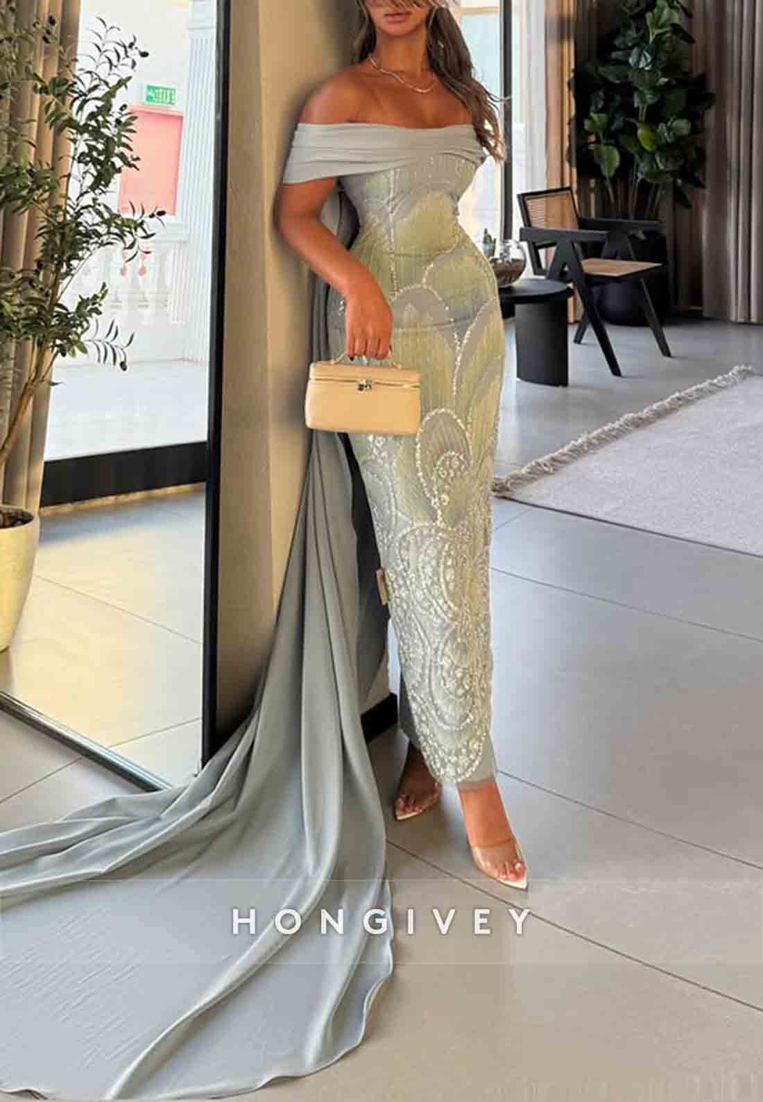 Off the Shoulder Sheath Ankle-Length Evening Gowns with Embroidery Flowers