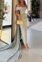 Off the Shoulder Sheath Ankle-Length Evening Gowns with Embroidery Flowers