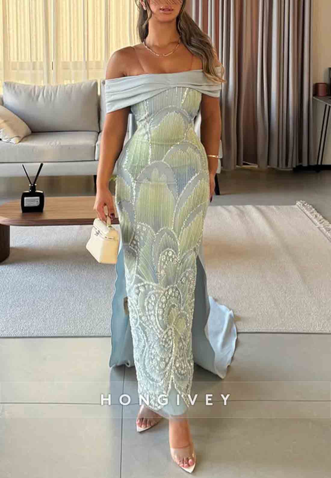 Off the Shoulder Sheath Ankle-Length Evening Gowns with Embroidery Flowers