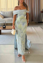 Off the Shoulder Sheath Ankle-Length Evening Gowns with Embroidery Flowers