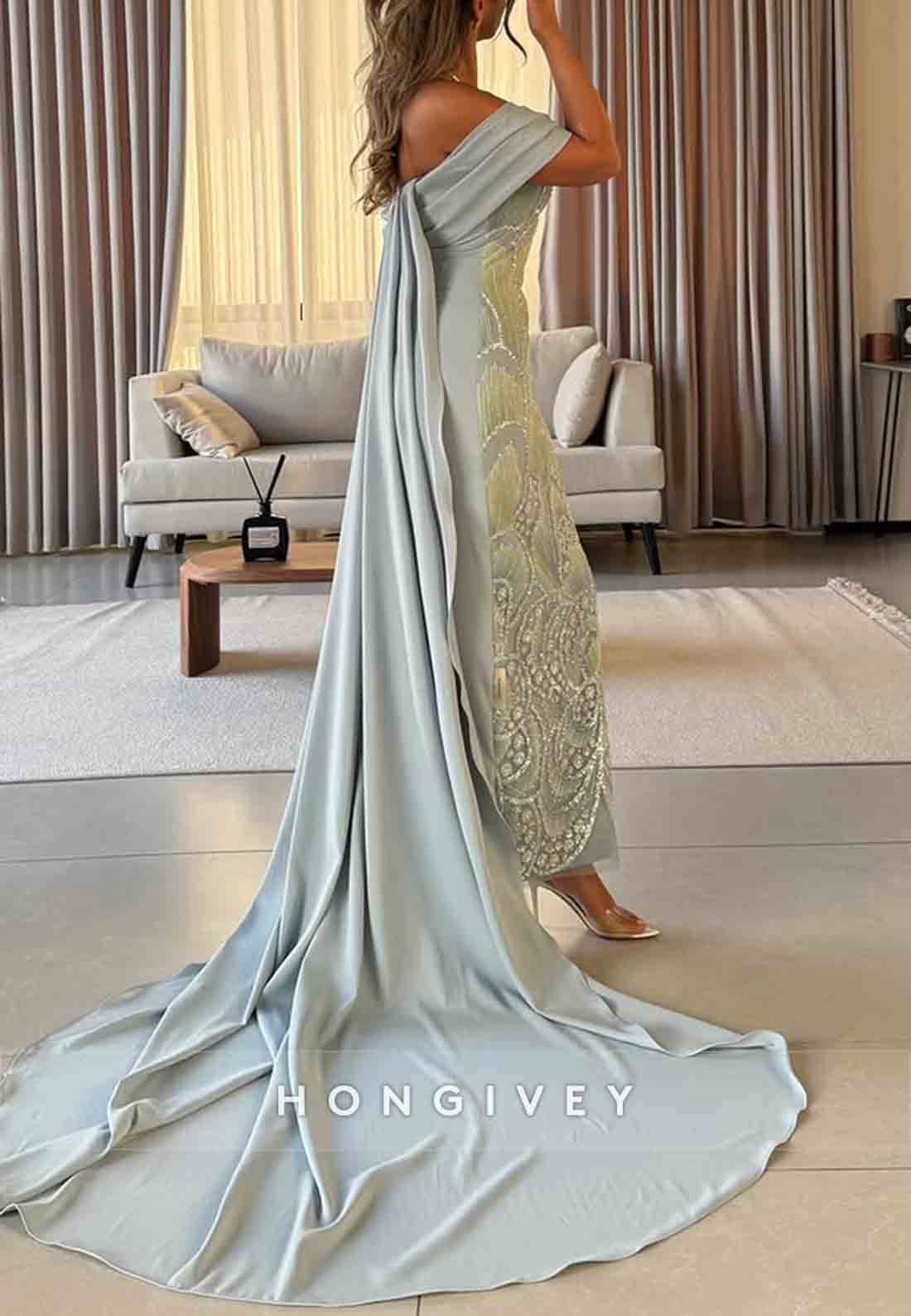 Off the Shoulder Sheath Ankle-Length Evening Gowns with Embroidery Flowers