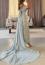 Off the Shoulder Sheath Ankle-Length Evening Gowns with Embroidery Flowers