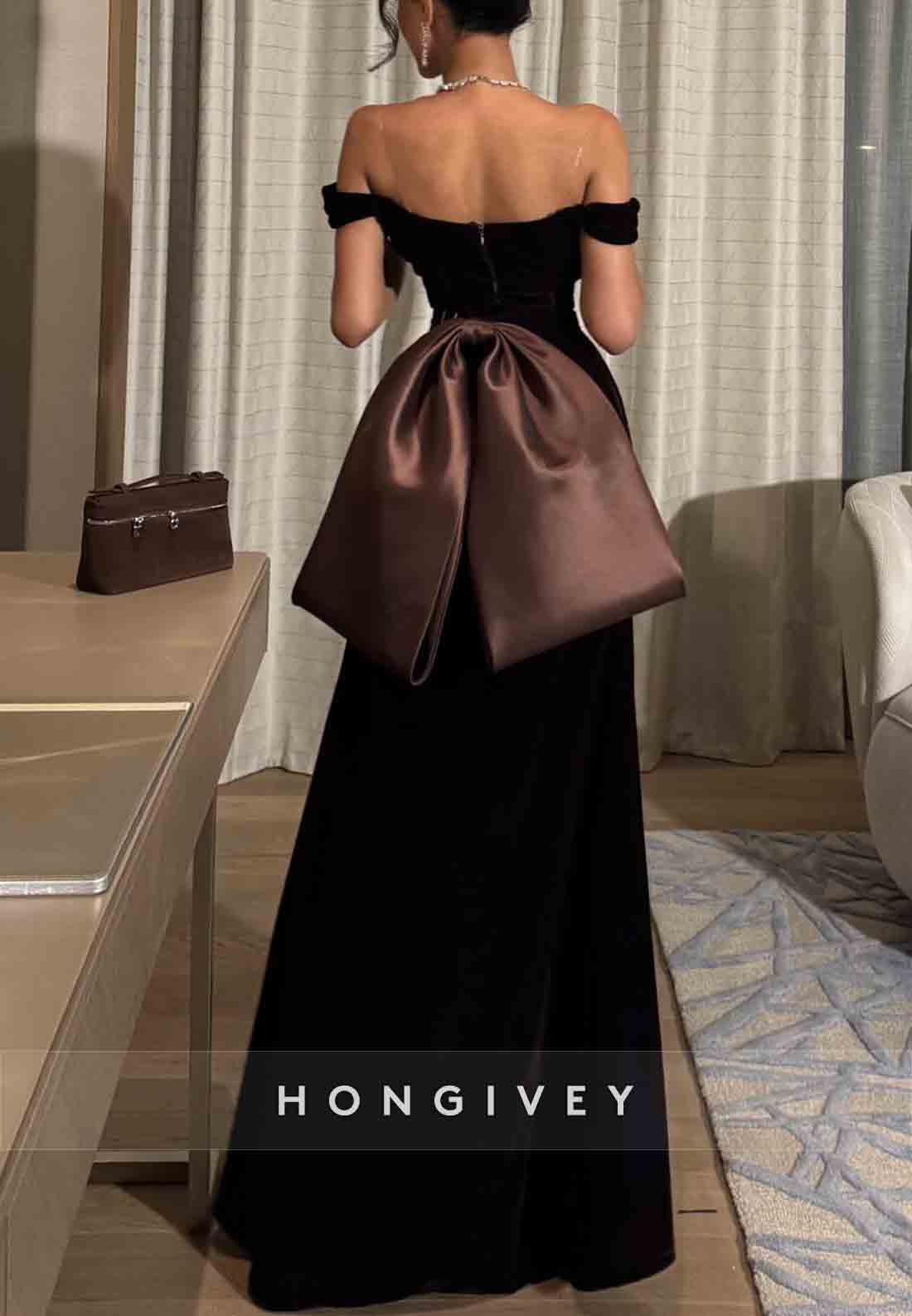 Black Off the Shoulder A-Line Ankle-Length Evening Gown with Bowknot