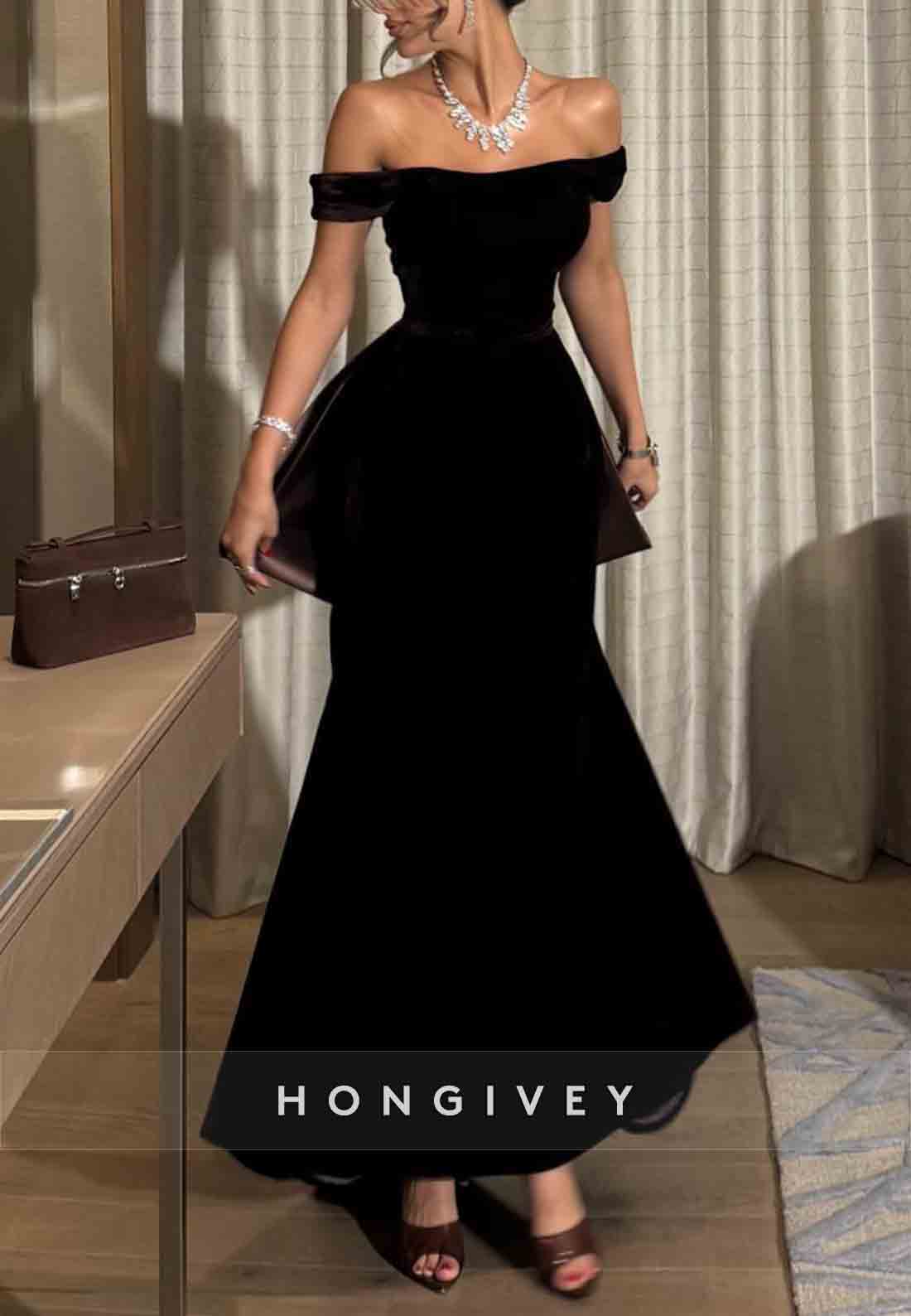 Black Off the Shoulder A-Line Ankle-Length Evening Gown with Bowknot