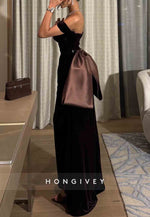 Black Off the Shoulder A-Line Ankle-Length Evening Gown with Bowknot