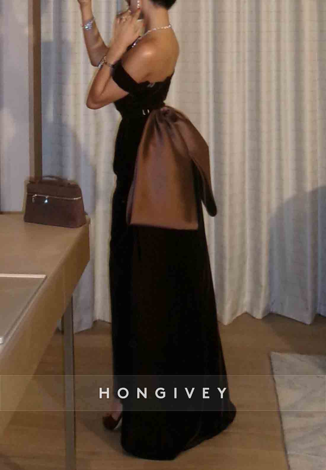 Black Off the Shoulder A-Line Ankle-Length Evening Gown with Bowknot
