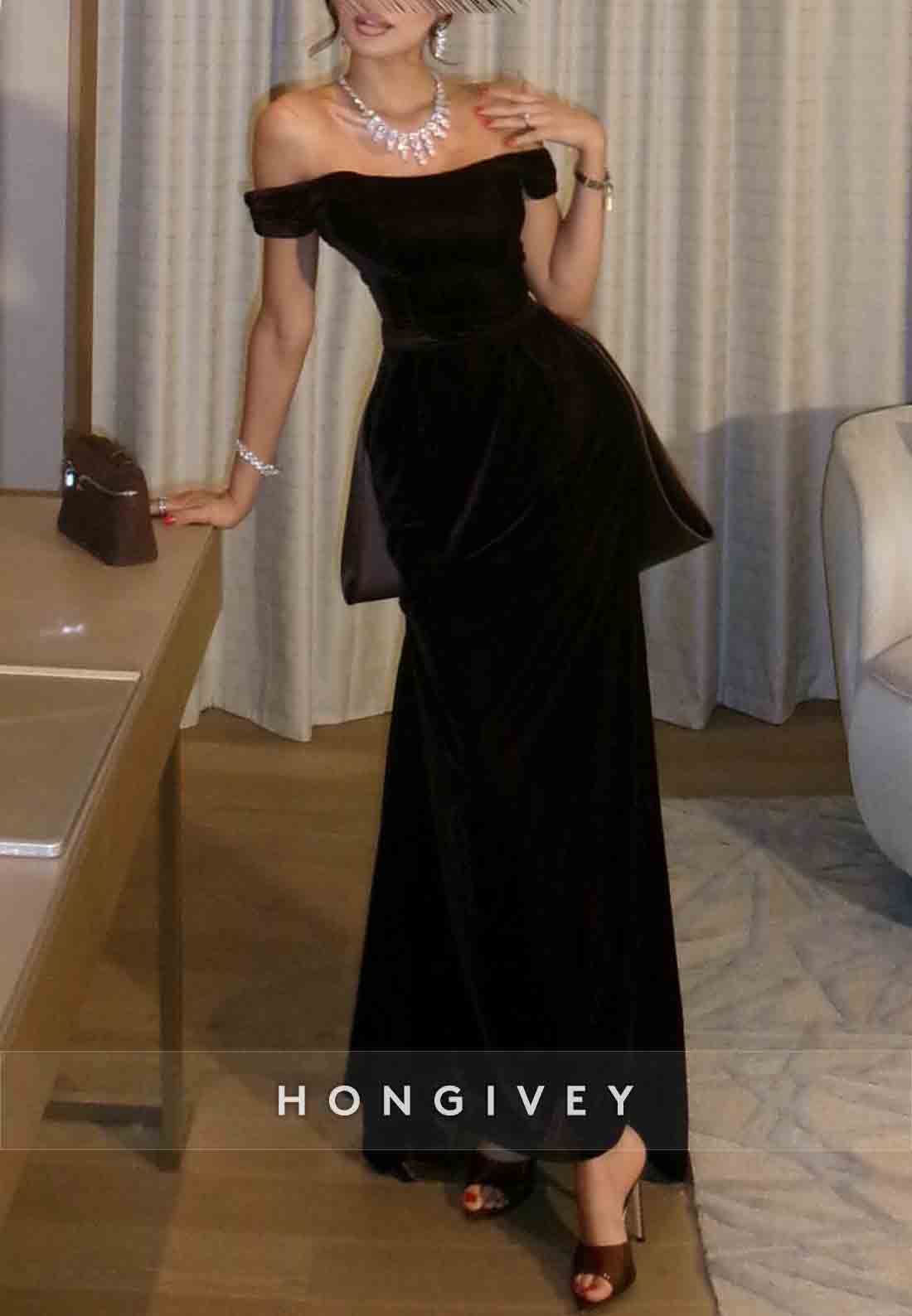 Black Off the Shoulder A-Line Ankle-Length Evening Gown with Bowknot