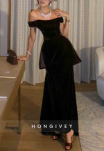 Black Off the Shoulder A-Line Ankle-Length Evening Gown with Bowknot