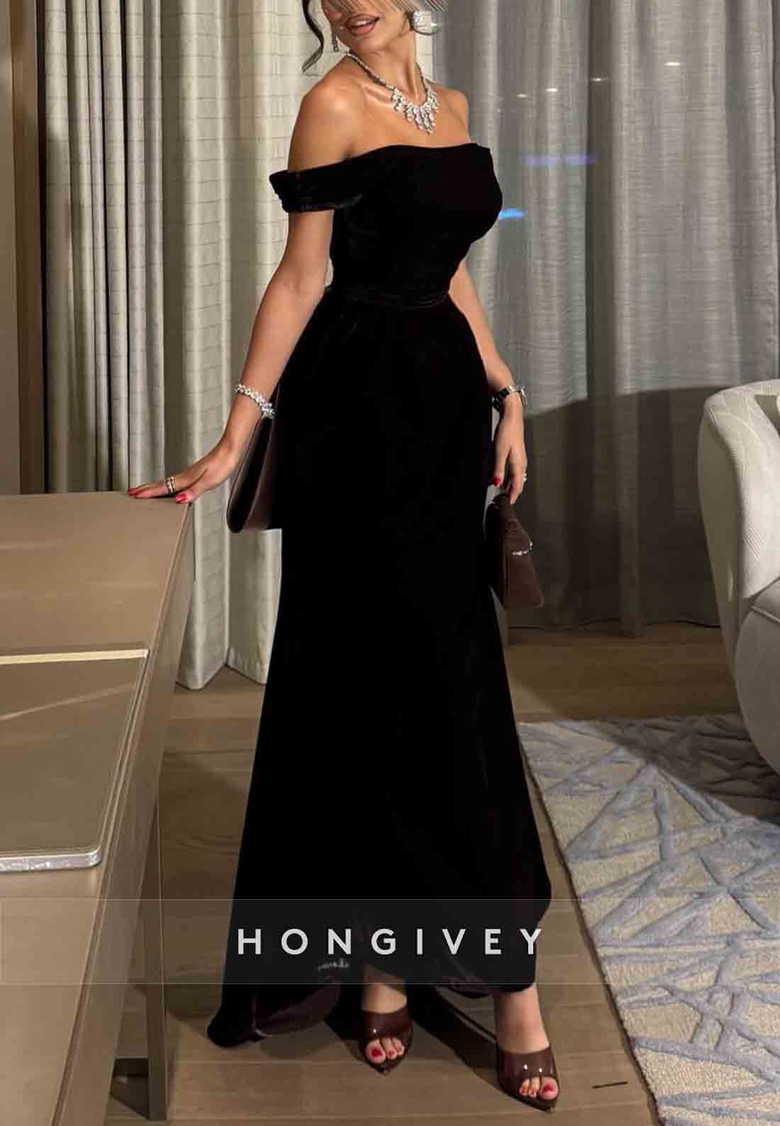 Black Off the Shoulder A-Line Ankle-Length Evening Gown with Bowknot