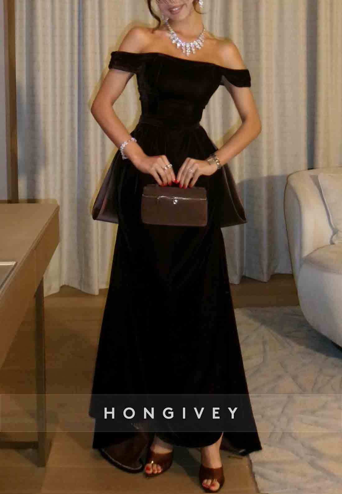 Black Off the Shoulder A-Line Ankle-Length Evening Gown with Bowknot