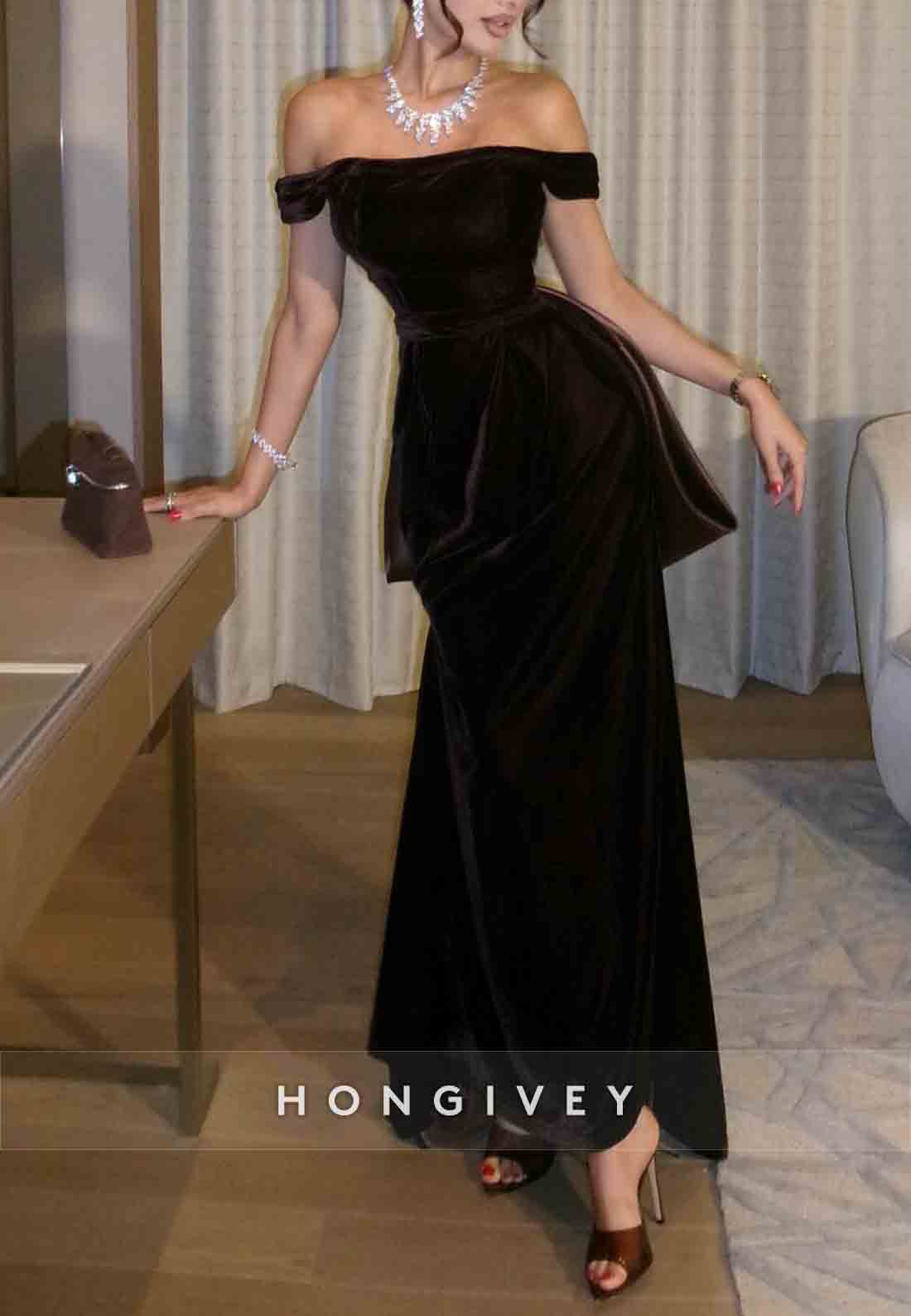 Black Off the Shoulder A-Line Ankle-Length Evening Gown with Bowknot