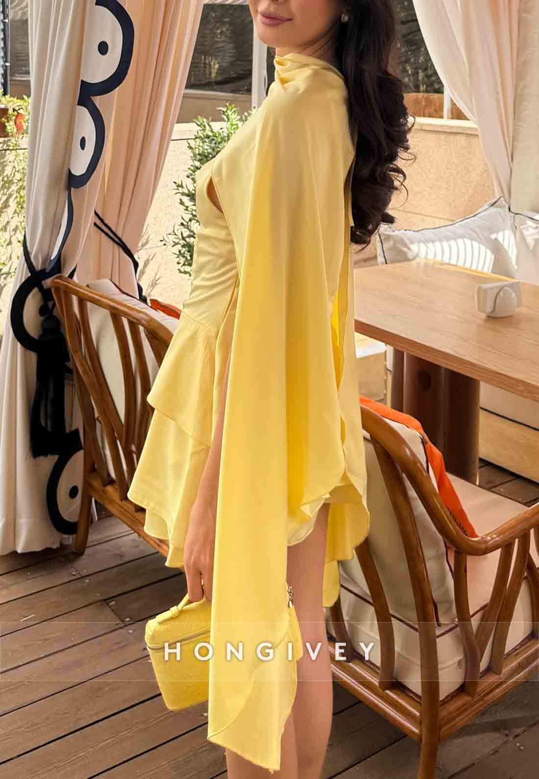 Eelgant Yellow Shawl A-Line Pleated Short Homecoming Dresses with Ruched