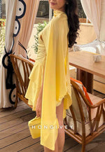 Eelgant Yellow Shawl A-Line Pleated Short Homecoming Dresses with Ruched
