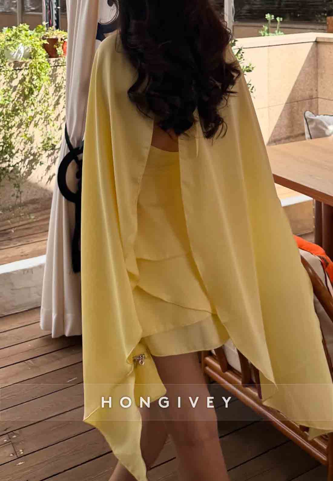 Eelgant Yellow Shawl A-Line Pleated Short Homecoming Dresses with Ruched