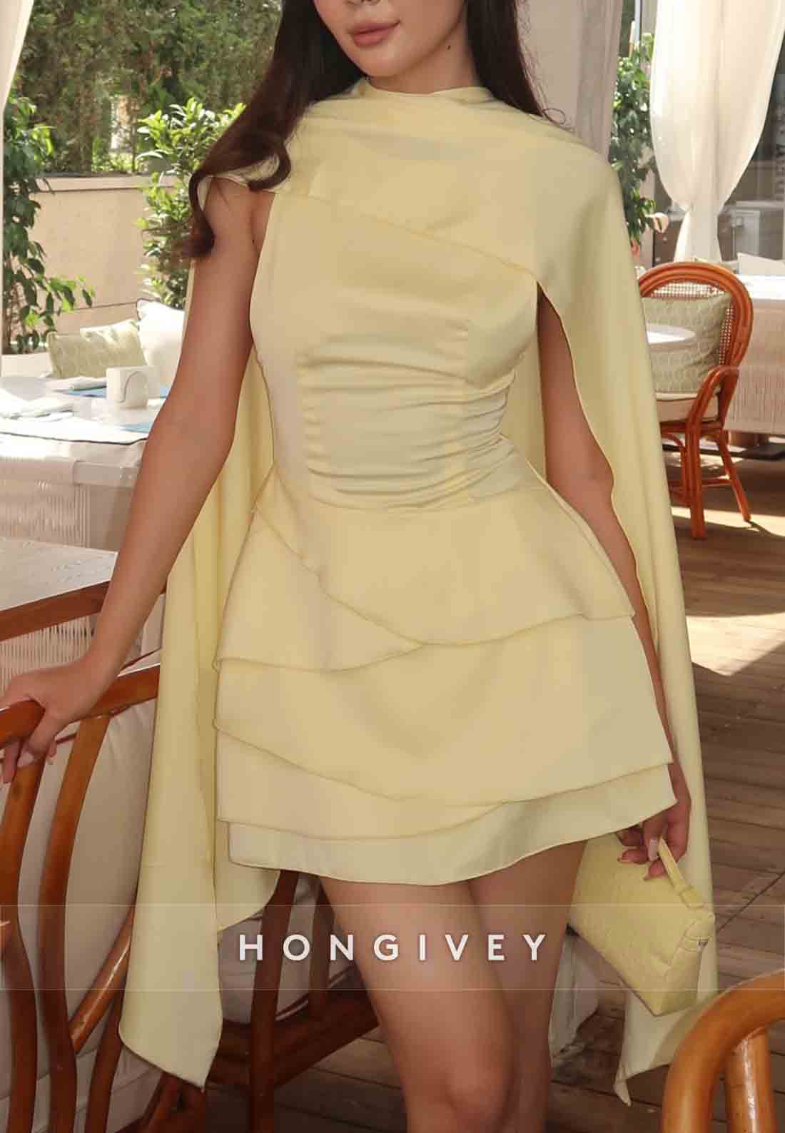 Eelgant Yellow Shawl A-Line Pleated Short Homecoming Dresses with Ruched