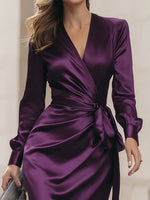 Deep Purple Satin Wrap Midi Dress