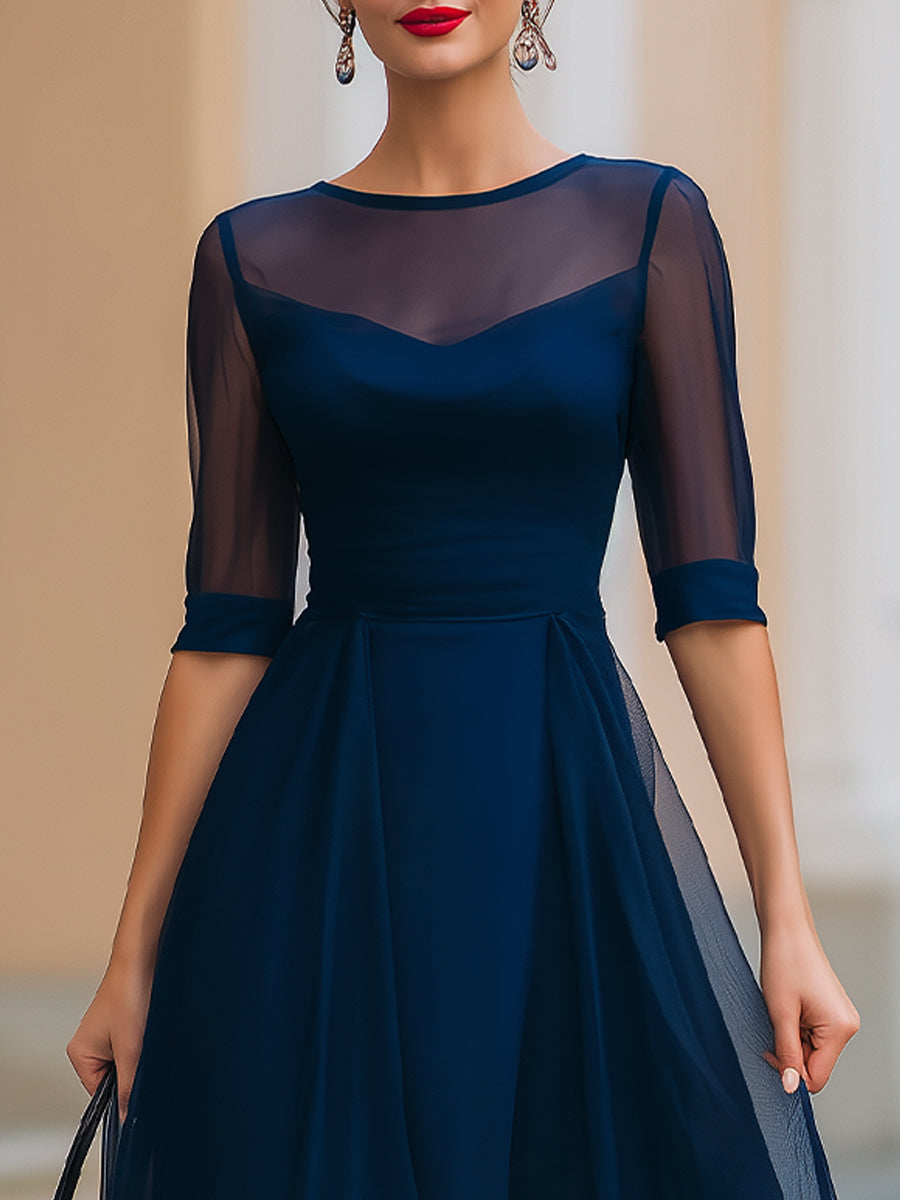 Navy Blue Sheer Overlay Fit-and-Flare Midi Dress