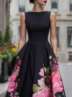 Elegant Sleeveless Midi Dress With Floral Printed Skirt