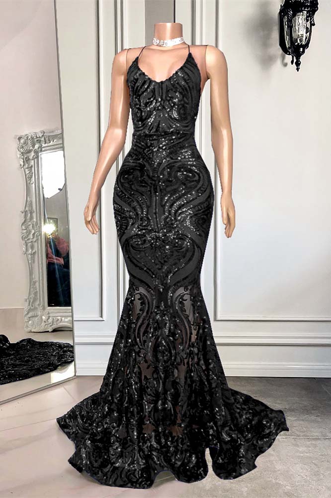 Hidais Mermaid Spaghetti Strap Sleeveless Royal Blue Long Prom Dress With Sequins