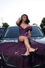 Modern Grape Sweetheart One Shoulder Prom Dress Split Long With Beadings