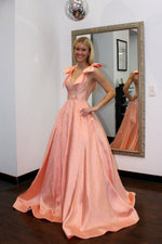 Glitter A Line V Neck Orange Satin Prom Dress with Hot Fix