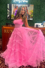 Cute A Line Strapless Pink Tulle Long Prom Dress