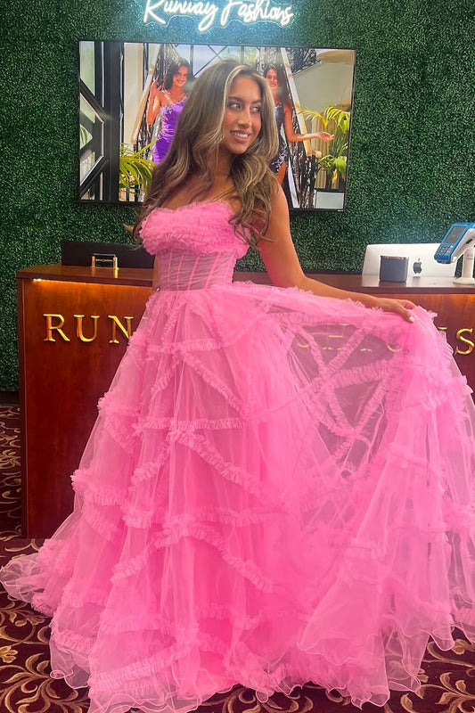 Cute A Line Strapless Pink Tulle Long Prom Dress
