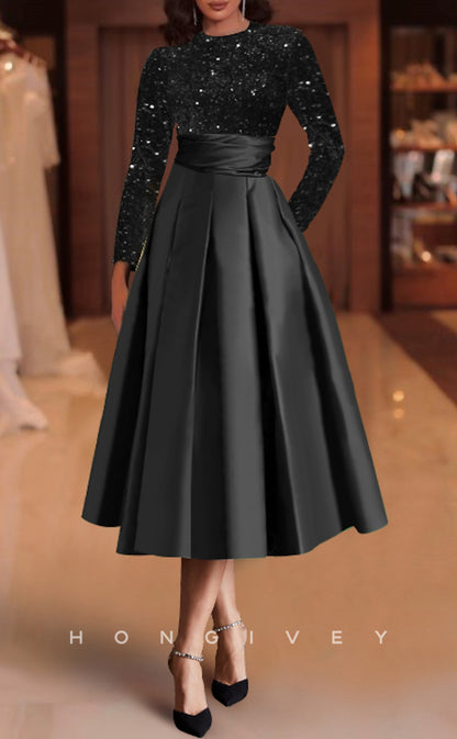 HM192 - A-Line Round Long Sleeve Two Tone With Pockets Mother of the Bride Dress