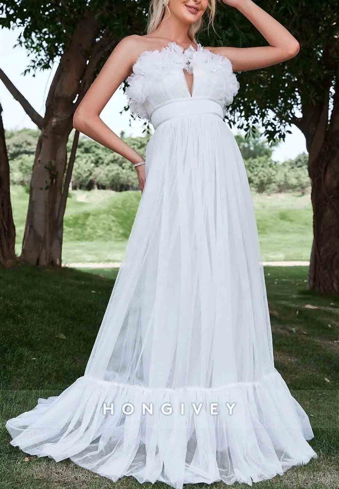 Floral Trim Layered Hem Mesh Tube Floor-Length Ruched Strapless Wedding Dress
