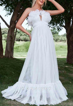 Floral Trim Layered Hem Mesh Tube Floor-Length Ruched Strapless Wedding Dress