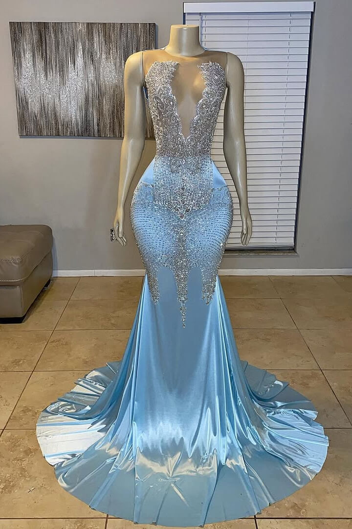 Sky Blue Sleeveless Scoop Mermaid Prom Dresses Long With Beadings Online